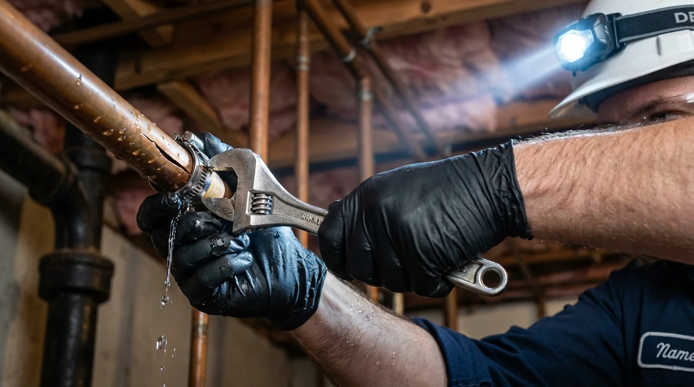 Emergency pipe clamp repair being performed by a Johns Plumbing LLC plumber in Como