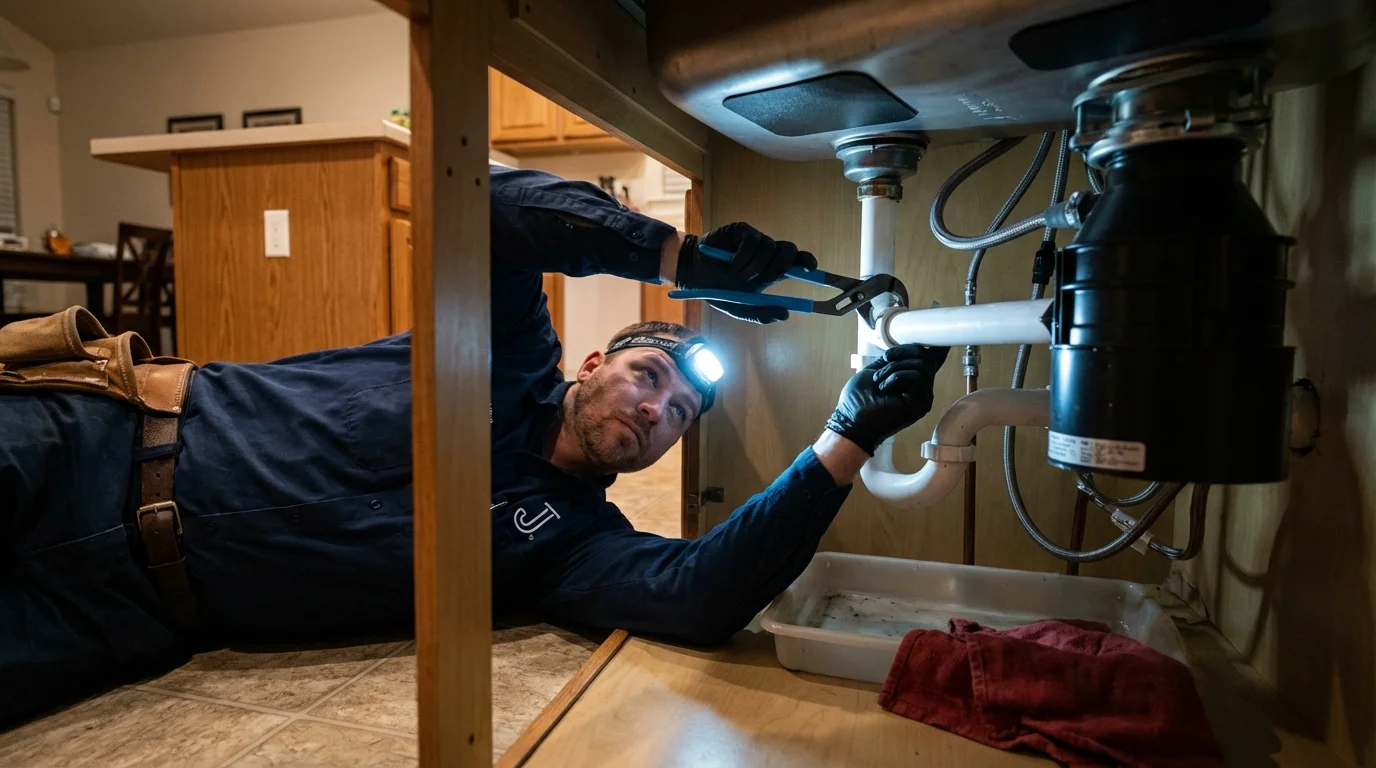 P-trap and supply line connections under a kitchen sink showing a common leak point in Como, MS